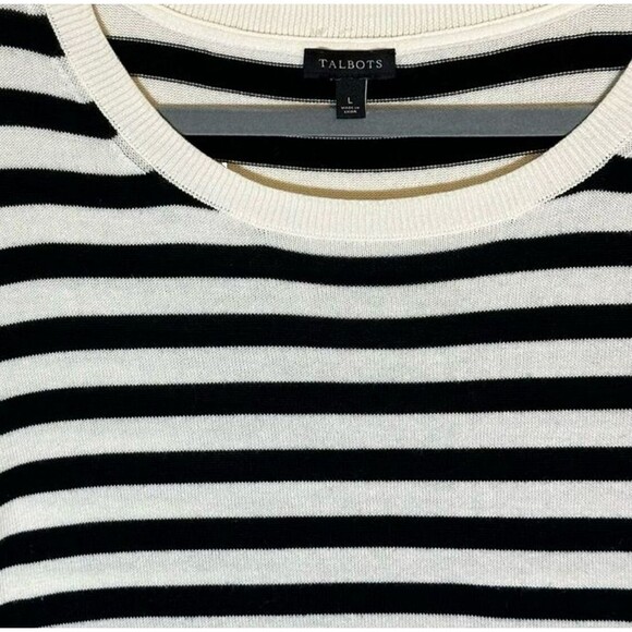 Talbots Nautica Sweater Size L Crocheted Sides Black White Stripe Cotton Sweater - Picture 3 of 4